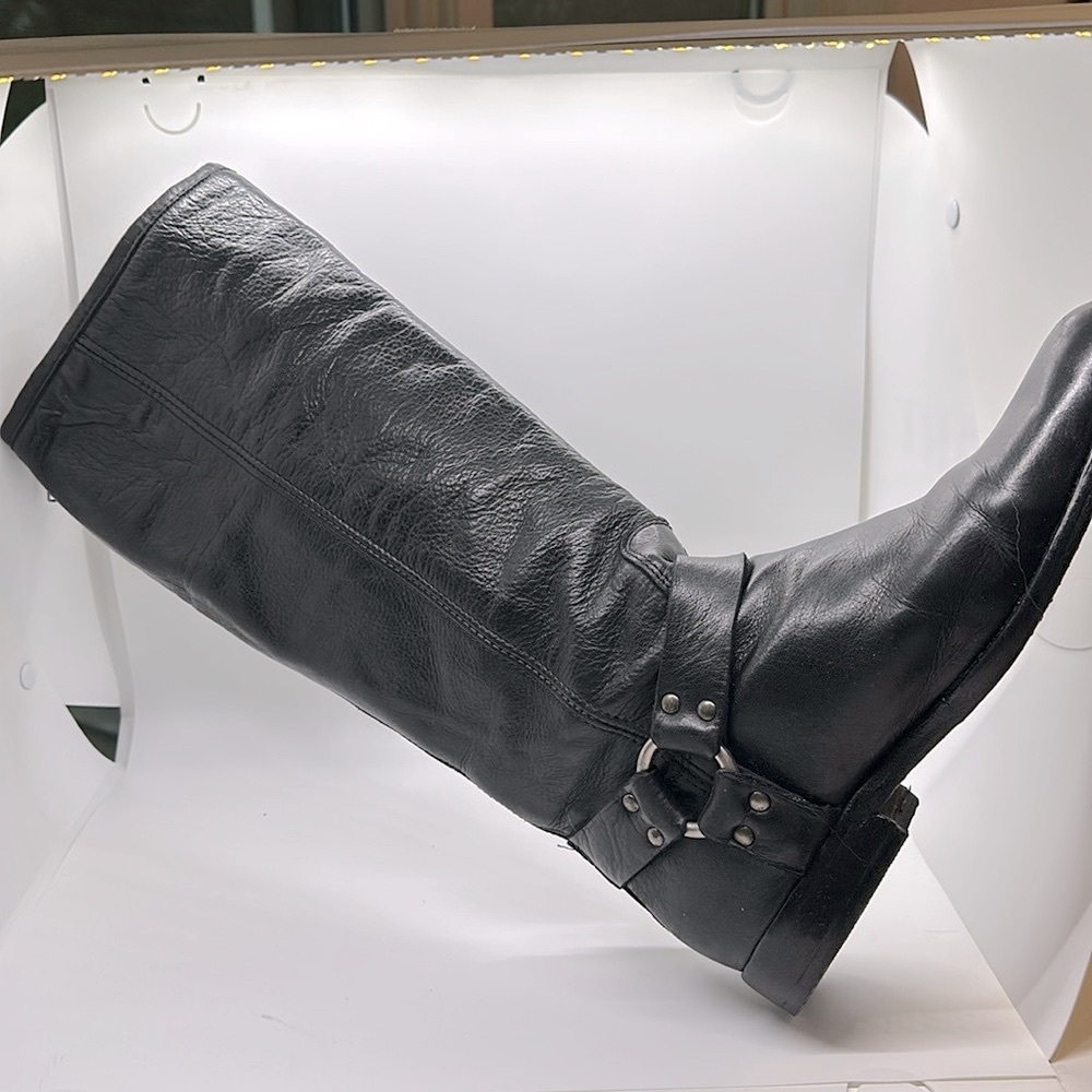 Frye Women’s Phillip Harness Tall Black Leather Boot, Size 9.5 Excellent Cond